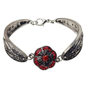 Antiqued Silver Metal Spoon Handle Snap Bracelet with Ruby Red Rhinestone Snap